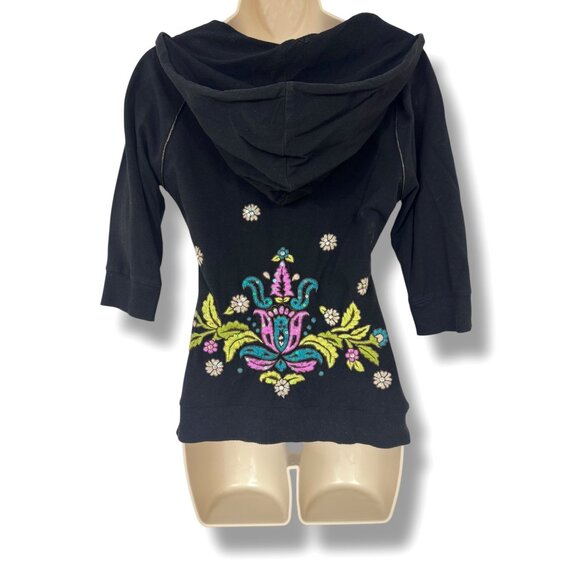 Size Small Black Embroidered Sequins V-Neck Zip Hoodie Sweatshirt Pockets - Picture 3 of 7